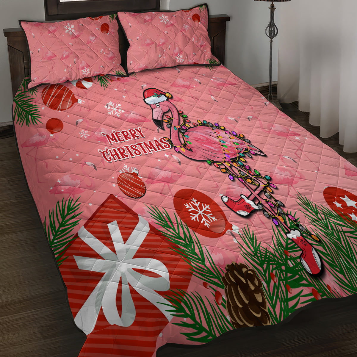 Flamingo Christmas Quilt Bed Set 2023 Seamless Xmas Vibes - Wonder Print Shop