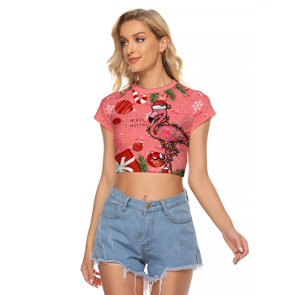 Flamingo Christmas Raglan Cropped T Shirt 2023 Seamless Xmas Vibes - Wonder Print Shop