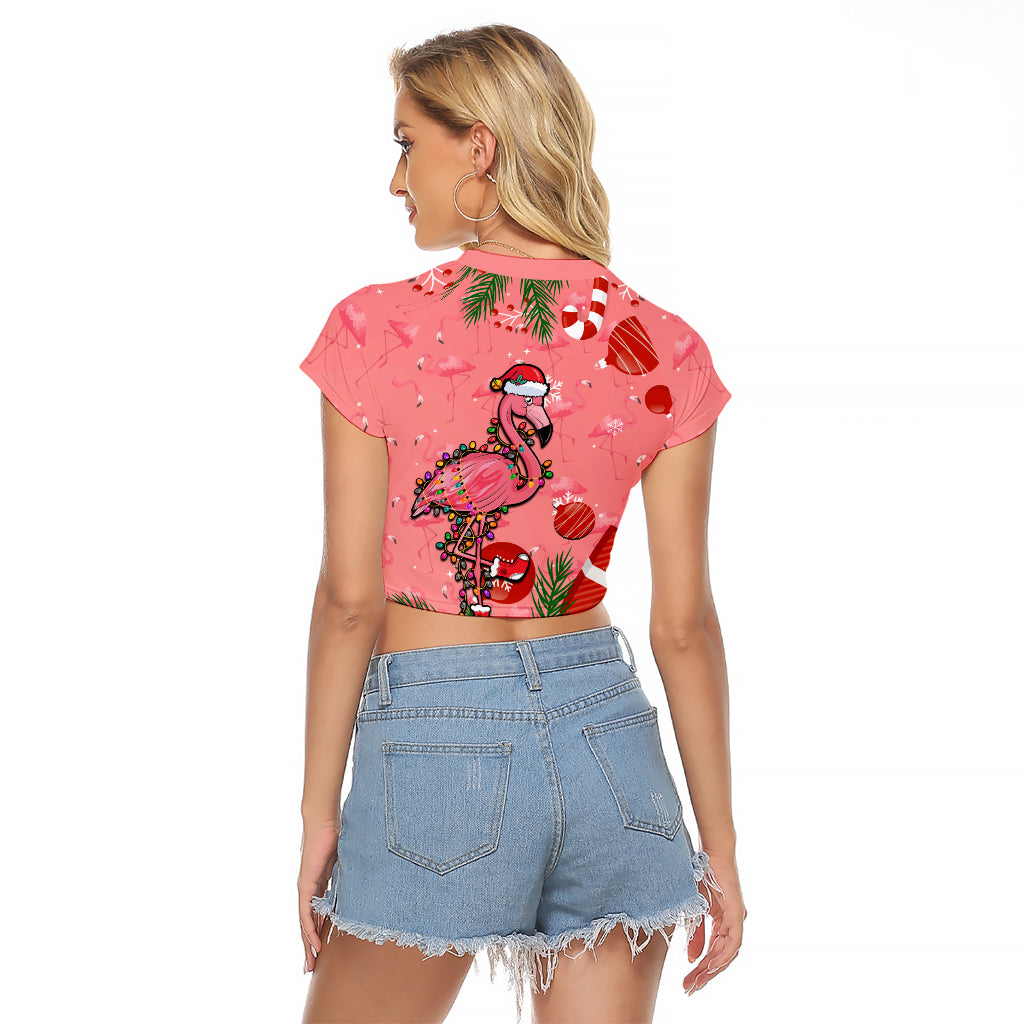 Flamingo Christmas Raglan Cropped T Shirt 2023 Seamless Xmas Vibes - Wonder Print Shop