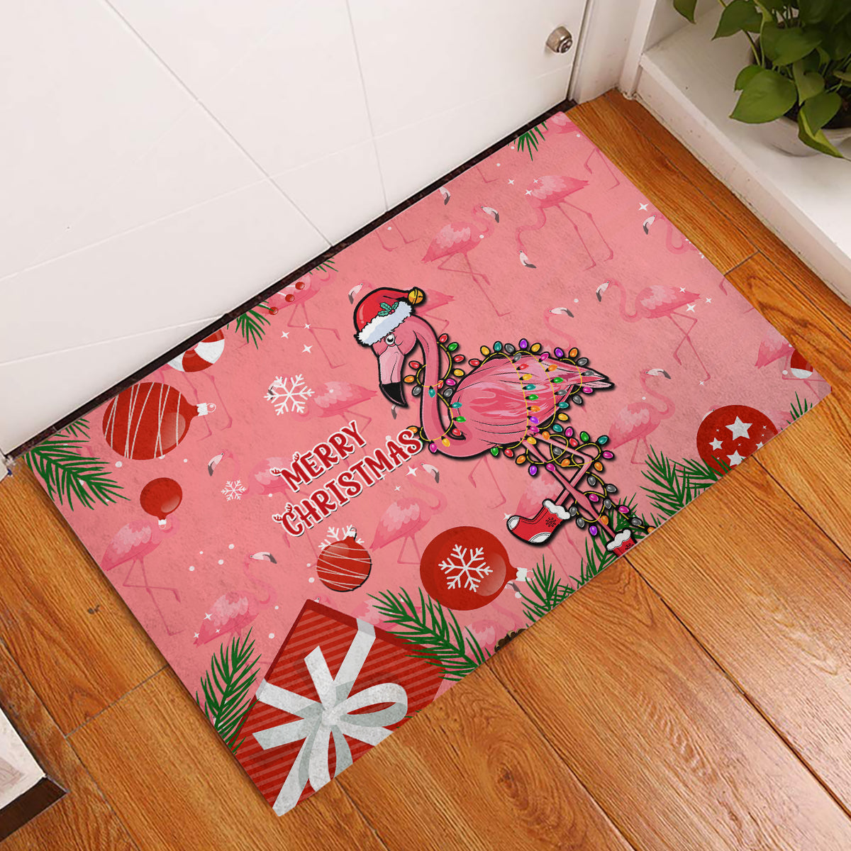 Flamingo Christmas Rubber Doormat 2023 Seamless Xmas Vibes - Wonder Print Shop