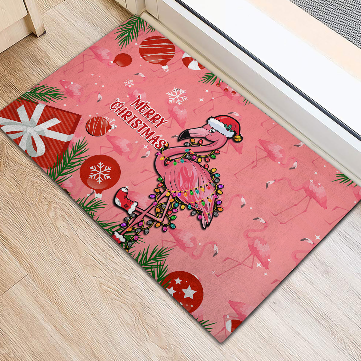 Flamingo Christmas Rubber Doormat 2023 Seamless Xmas Vibes - Wonder Print Shop