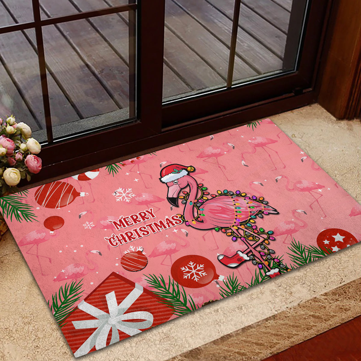 Flamingo Christmas Rubber Doormat 2023 Seamless Xmas Vibes - Wonder Print Shop