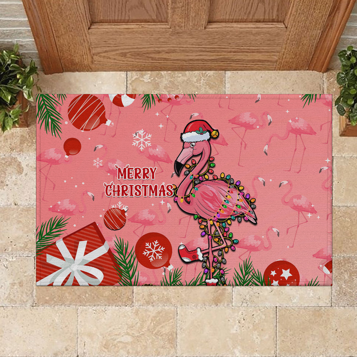 Flamingo Christmas Rubber Doormat 2023 Seamless Xmas Vibes - Wonder Print Shop