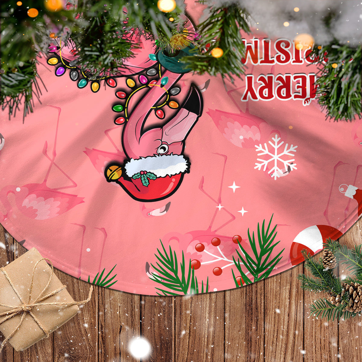 Flamingo Christmas Tree Skirt 2023 Seamless Xmas Vibes - Wonder Print Shop