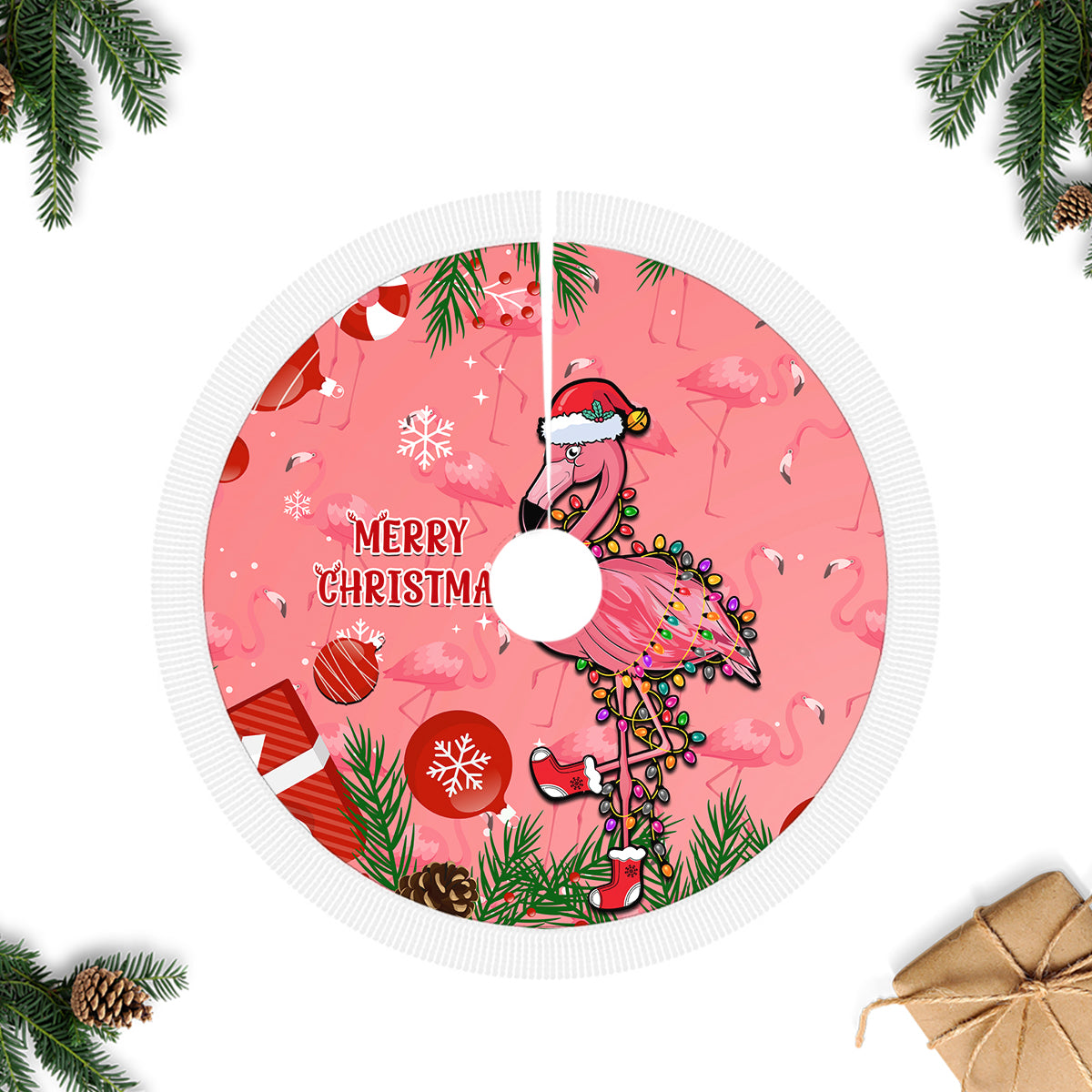 Flamingo Christmas Tree Skirt 2023 Seamless Xmas Vibes - Wonder Print Shop