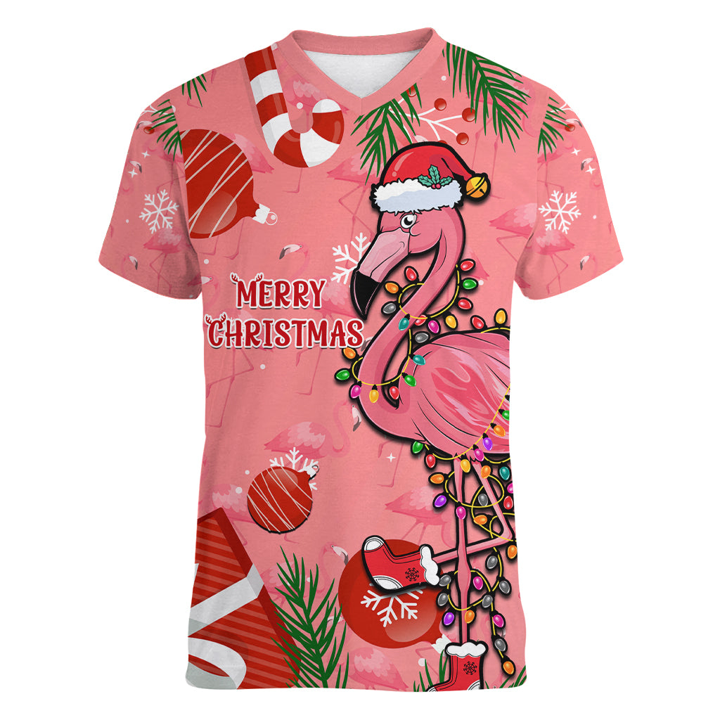 Flamingo Christmas Women V Neck T Shirt 2023 Seamless Xmas Vibes - Wonder Print Shop