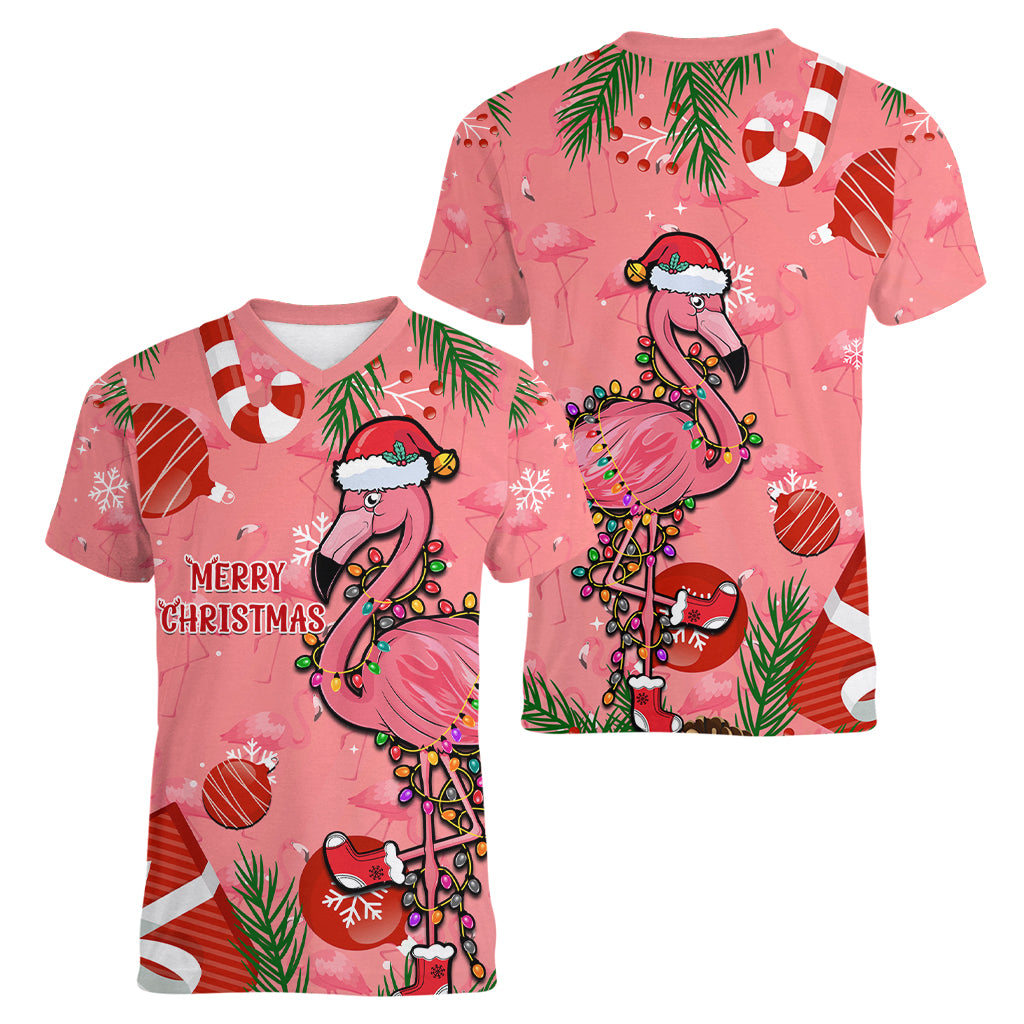 Flamingo Christmas Women V Neck T Shirt 2023 Seamless Xmas Vibes - Wonder Print Shop