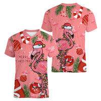 Flamingo Christmas Women V Neck T Shirt 2023 Seamless Xmas Vibes - Wonder Print Shop