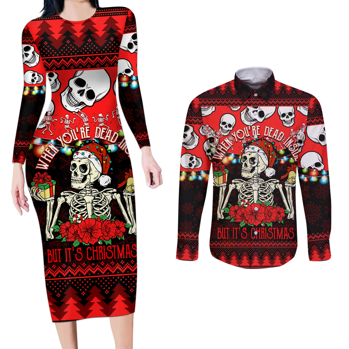 Skull Christmas Couples Matching Long Sleeve Bodycon Dress and Long Sleeve Button Shirt When You Are Dead Inside But It Is Christmas - Wonder Print Shop