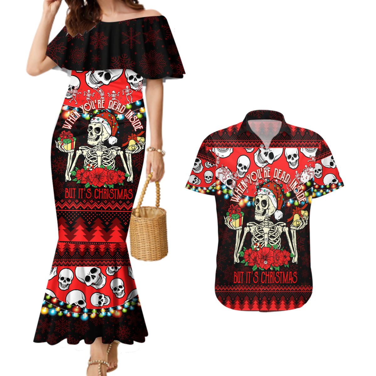 Skull Christmas Couples Matching Mermaid Dress and Hawaiian Shirt When You Are Dead Inside But It Is Christmas - Wonder Print Shop