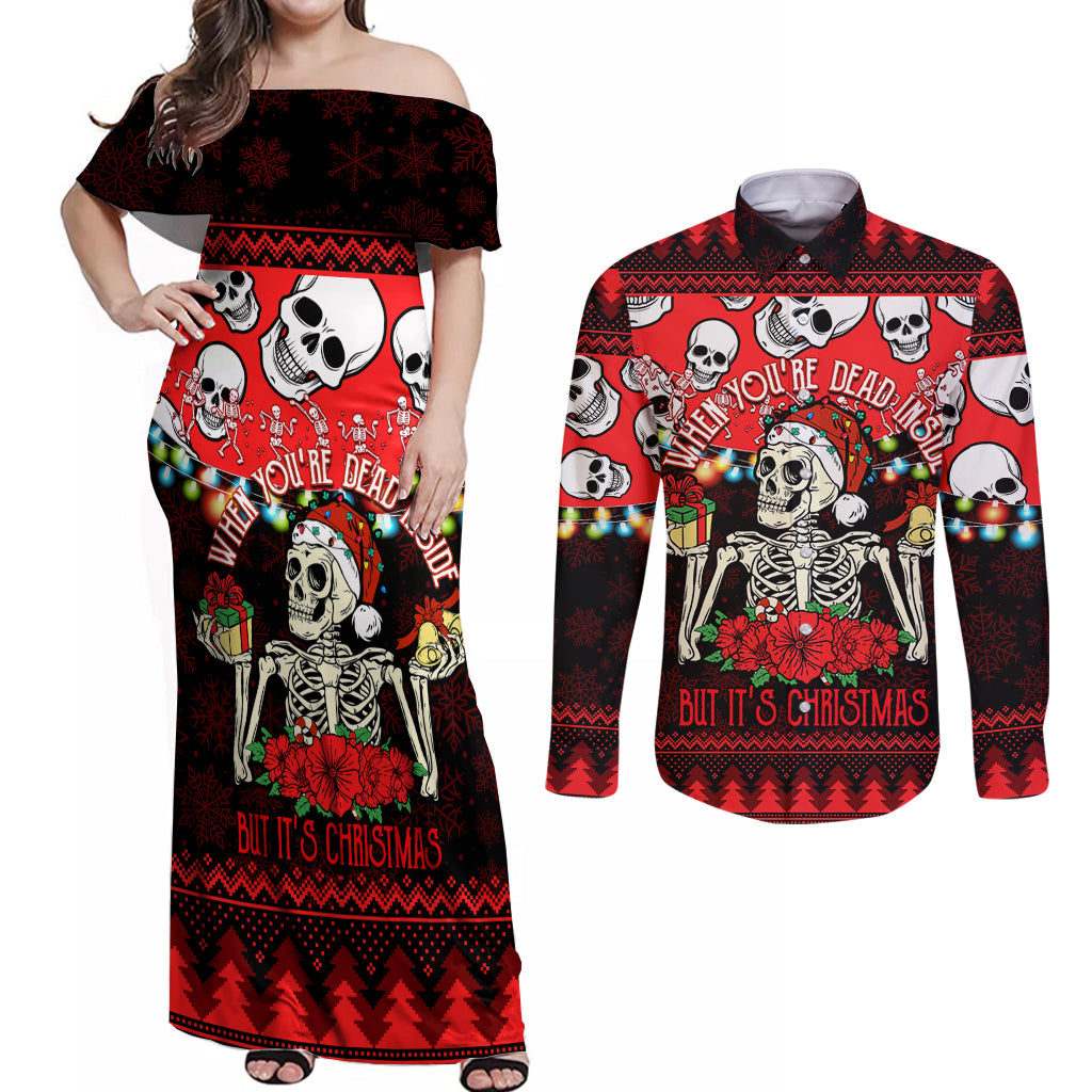 Skull Christmas Couples Matching Off Shoulder Maxi Dress and Long Sleeve Button Shirt When You Are Dead Inside But It Is Christmas - Wonder Print Shop