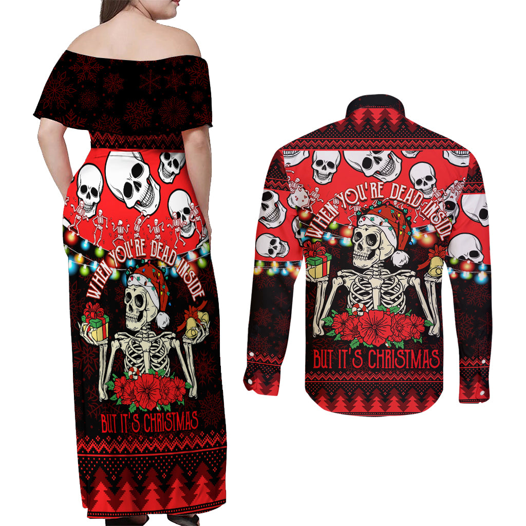 Skull Christmas Couples Matching Off Shoulder Maxi Dress and Long Sleeve Button Shirt When You Are Dead Inside But It Is Christmas - Wonder Print Shop