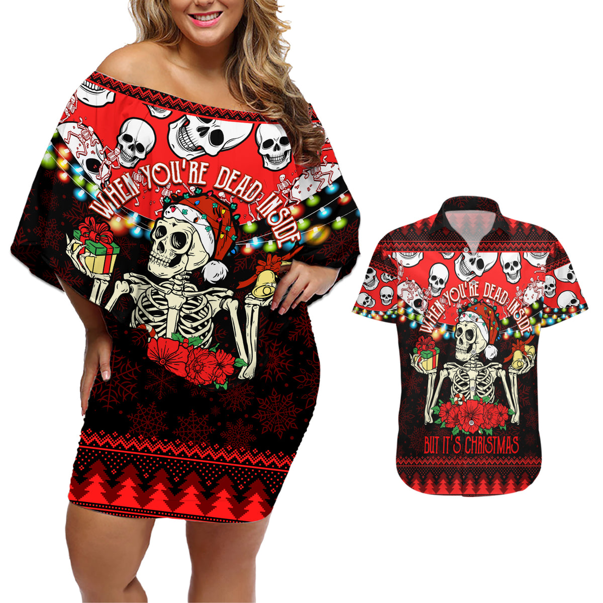 Skull Christmas Couples Matching Off Shoulder Short Dress and Hawaiian Shirt When You Are Dead Inside But It Is Christmas - Wonder Print Shop