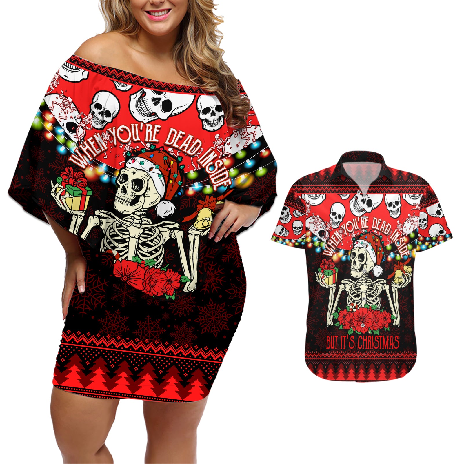 Skull Christmas Couples Matching Off Shoulder Short Dress and Hawaiian Shirt When You Are Dead Inside But It Is Christmas - Wonder Print Shop