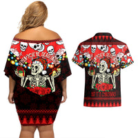 Skull Christmas Couples Matching Off Shoulder Short Dress and Hawaiian Shirt When You Are Dead Inside But It Is Christmas - Wonder Print Shop