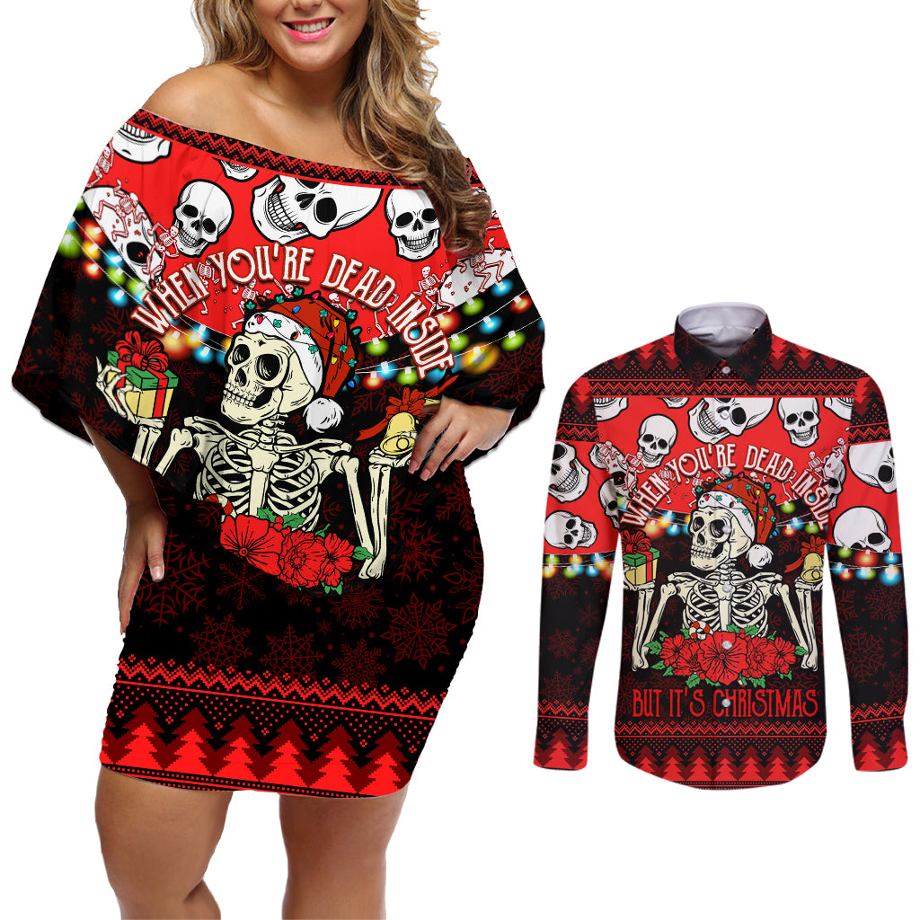 Skull Christmas Couples Matching Off Shoulder Short Dress and Long Sleeve Button Shirt When You Are Dead Inside But It Is Christmas - Wonder Print Shop