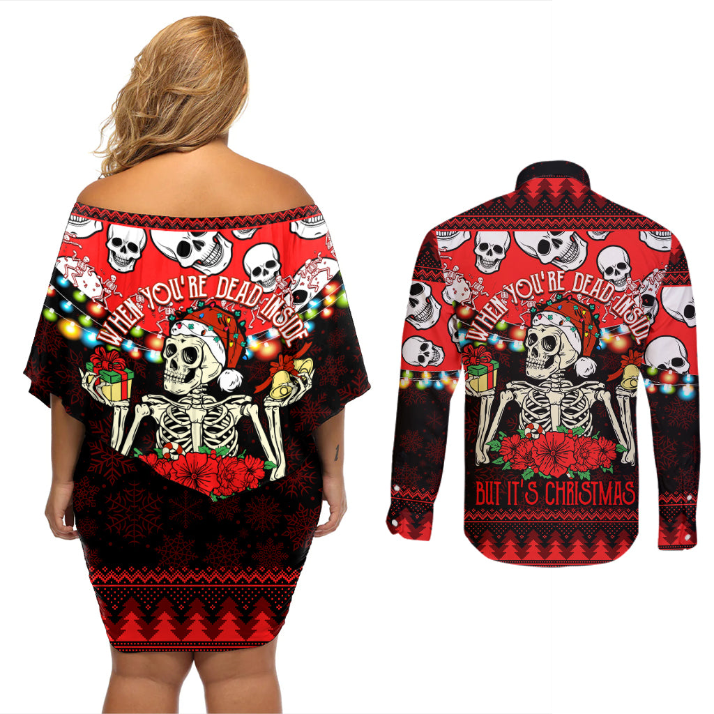 Skull Christmas Couples Matching Off Shoulder Short Dress and Long Sleeve Button Shirt When You Are Dead Inside But It Is Christmas - Wonder Print Shop