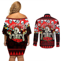 Skull Christmas Couples Matching Off Shoulder Short Dress and Long Sleeve Button Shirt When You Are Dead Inside But It Is Christmas - Wonder Print Shop