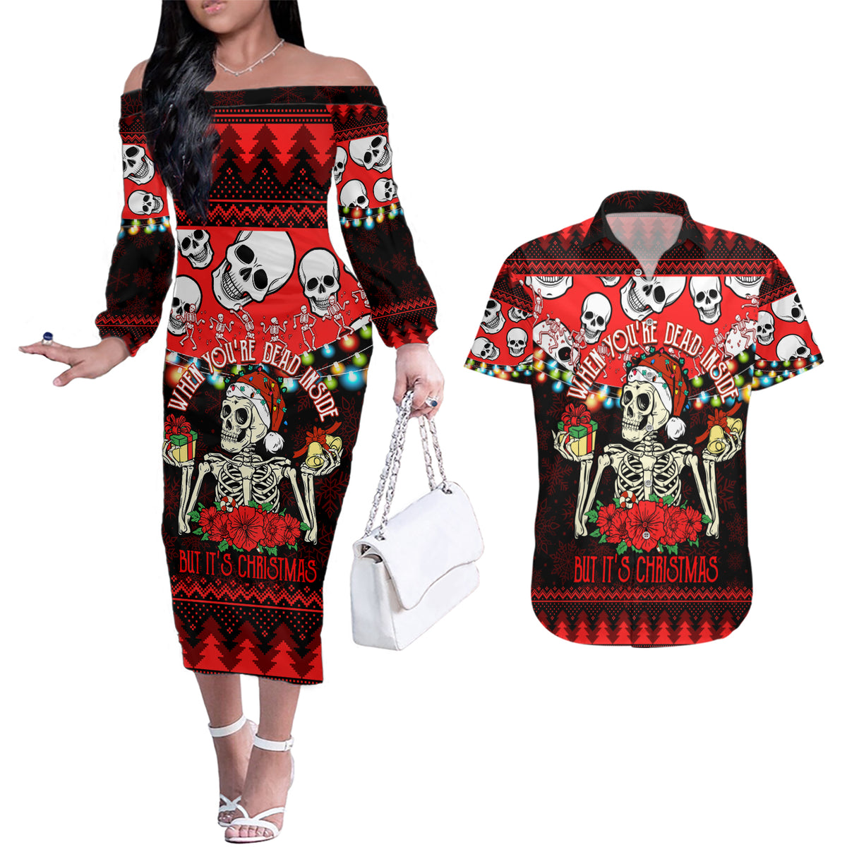 Skull Christmas Couples Matching Off The Shoulder Long Sleeve Dress and Hawaiian Shirt When You Are Dead Inside But It Is Christmas - Wonder Print Shop