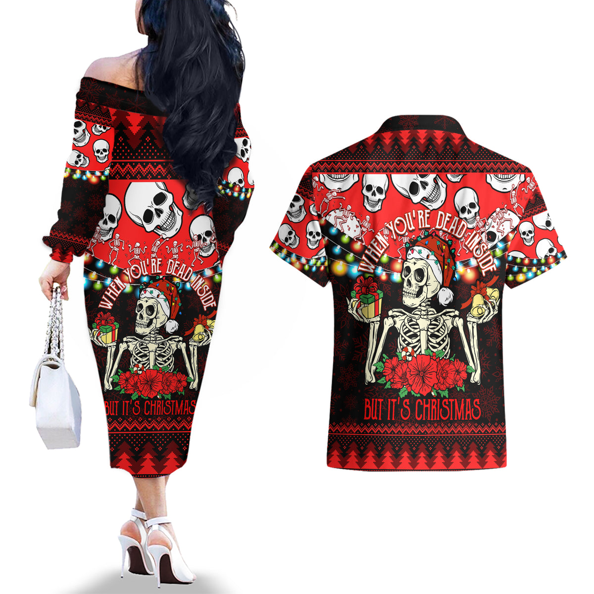 Skull Christmas Couples Matching Off The Shoulder Long Sleeve Dress and Hawaiian Shirt When You Are Dead Inside But It Is Christmas - Wonder Print Shop