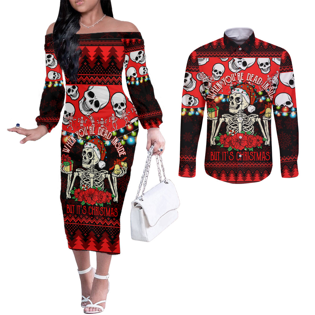 skull-christmas-couples-matching-off-the-shoulder-long-sleeve-dress-and-long-sleeve-button-shirt-when-you-are-dead-inside-but-it-is-christmas
