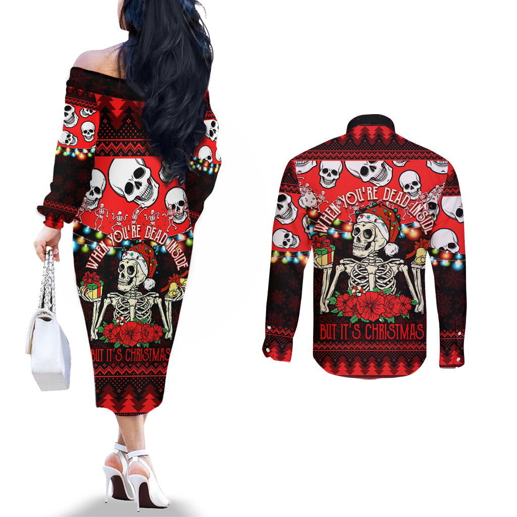 skull-christmas-couples-matching-off-the-shoulder-long-sleeve-dress-and-long-sleeve-button-shirt-when-you-are-dead-inside-but-it-is-christmas