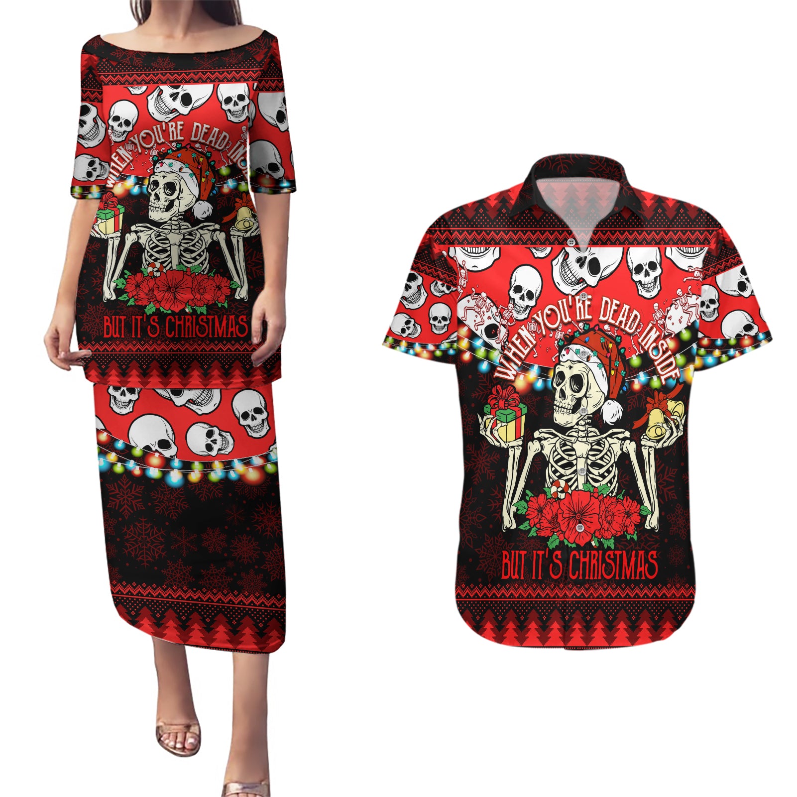 Skull Christmas Couples Matching Puletasi Dress and Hawaiian Shirt When You Are Dead Inside But It Is Christmas - Wonder Print Shop