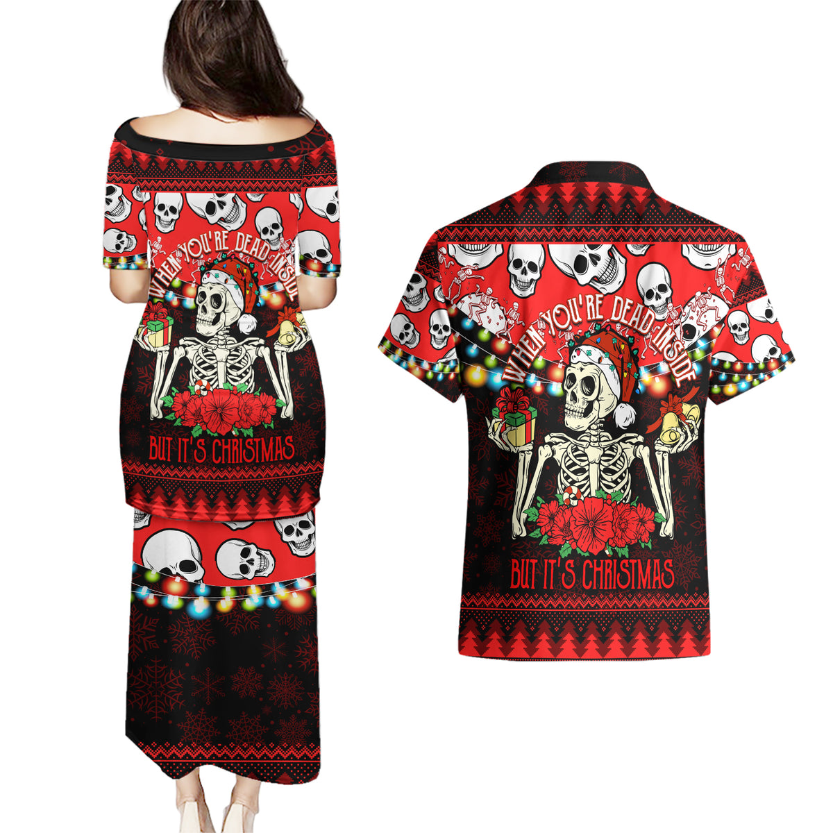 Skull Christmas Couples Matching Puletasi Dress and Hawaiian Shirt When You Are Dead Inside But It Is Christmas - Wonder Print Shop