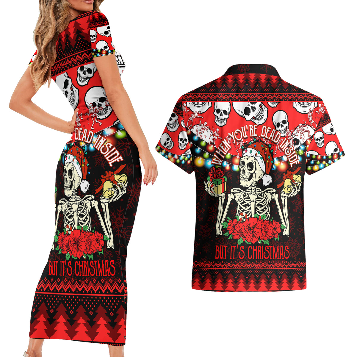 Skull Christmas Couples Matching Short Sleeve Bodycon Dress and Hawaiian Shirt When You Are Dead Inside But It Is Christmas - Wonder Print Shop