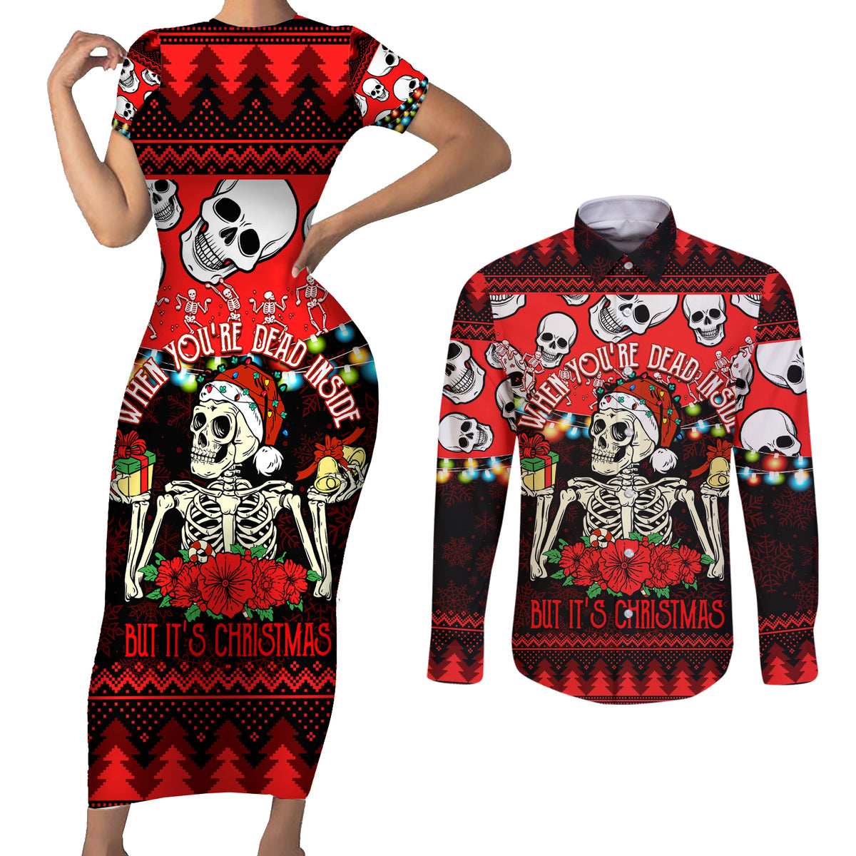 Skull Christmas Couples Matching Short Sleeve Bodycon Dress and Long Sleeve Button Shirt When You Are Dead Inside But It Is Christmas - Wonder Print Shop