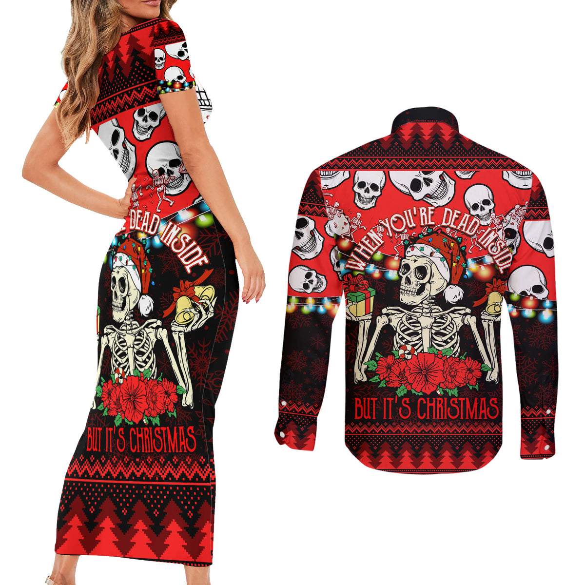 Skull Christmas Couples Matching Short Sleeve Bodycon Dress and Long Sleeve Button Shirt When You Are Dead Inside But It Is Christmas - Wonder Print Shop
