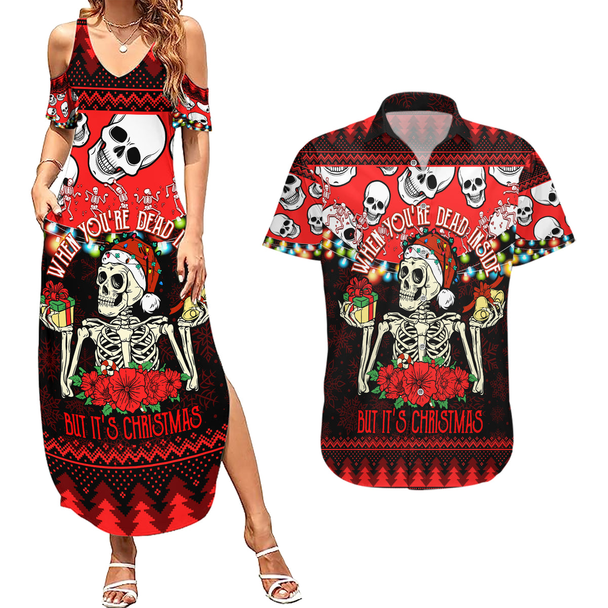 Skull Christmas Couples Matching Summer Maxi Dress and Hawaiian Shirt When You Are Dead Inside But It Is Christmas - Wonder Print Shop