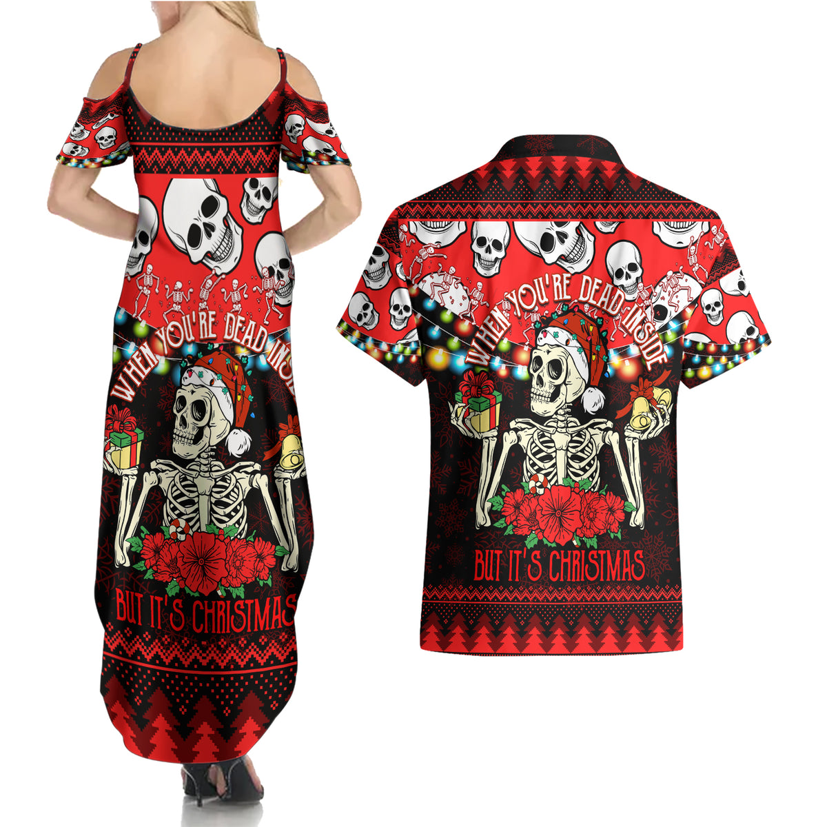 Skull Christmas Couples Matching Summer Maxi Dress and Hawaiian Shirt When You Are Dead Inside But It Is Christmas - Wonder Print Shop