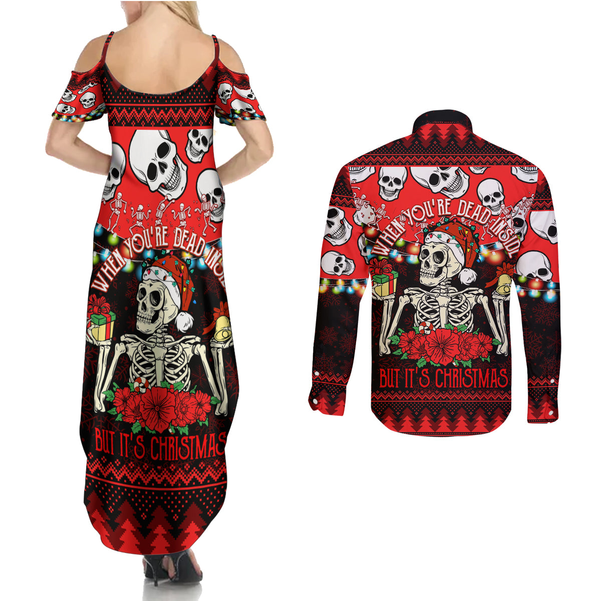 Skull Christmas Couples Matching Summer Maxi Dress and Long Sleeve Button Shirt When You Are Dead Inside But It Is Christmas - Wonder Print Shop