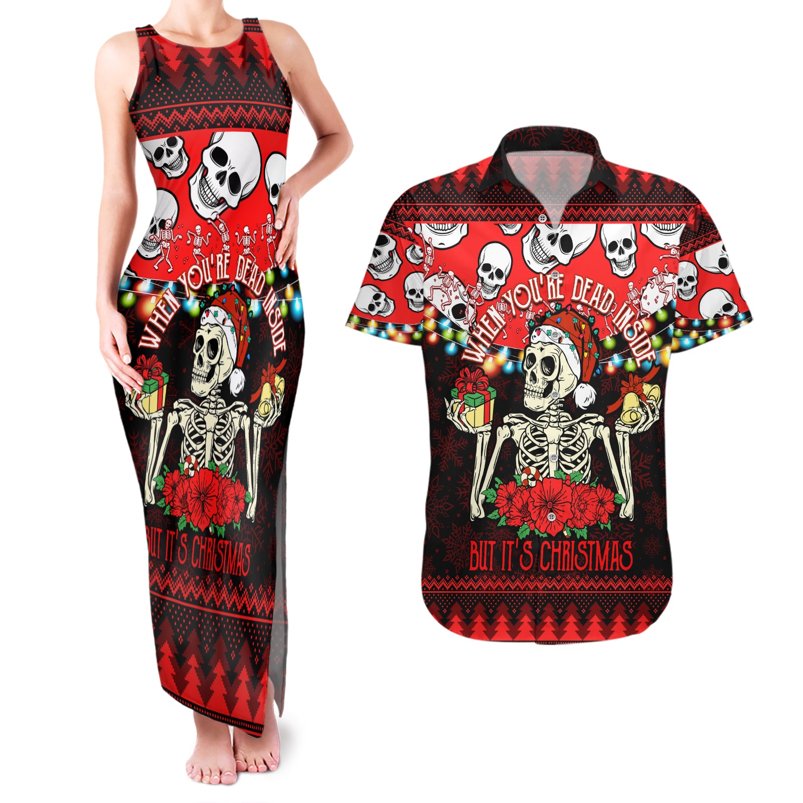 Skull Christmas Couples Matching Tank Maxi Dress and Hawaiian Shirt When You Are Dead Inside But It Is Christmas - Wonder Print Shop