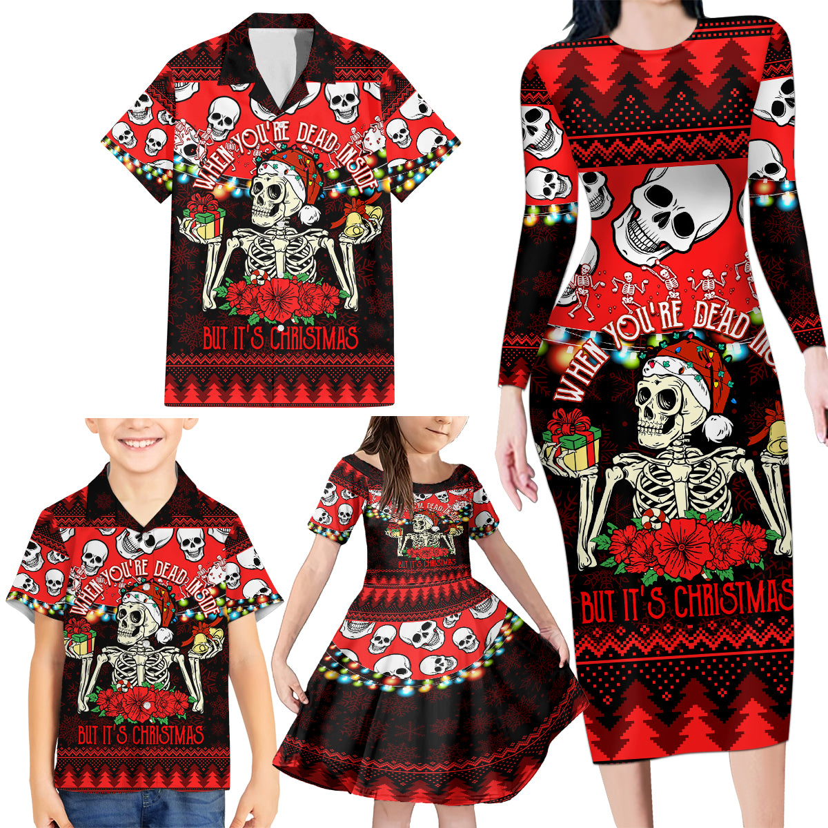 Skull Christmas Family Matching Long Sleeve Bodycon Dress and Hawaiian Shirt When You Are Dead Inside But It Is Christmas - Wonder Print Shop