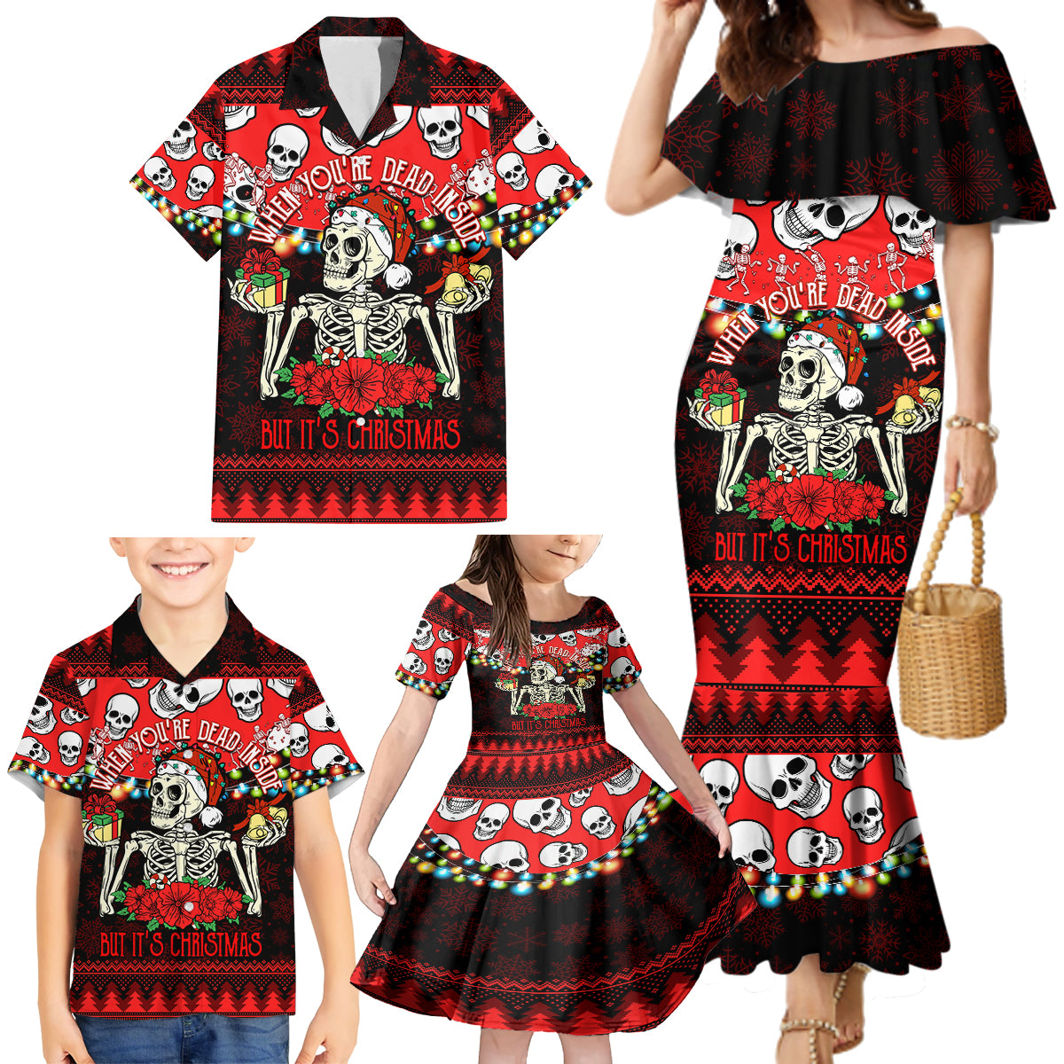 Skull Christmas Family Matching Mermaid Dress and Hawaiian Shirt When You Are Dead Inside But It Is Christmas - Wonder Print Shop