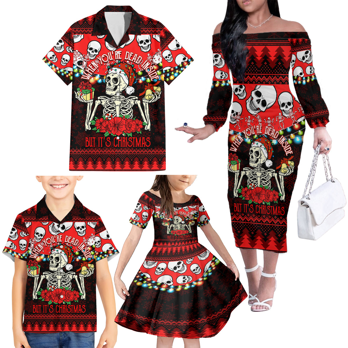 Skull Christmas Family Matching Off Shoulder Long Sleeve Dress and Hawaiian Shirt When You Are Dead Inside But It Is Christmas - Wonder Print Shop