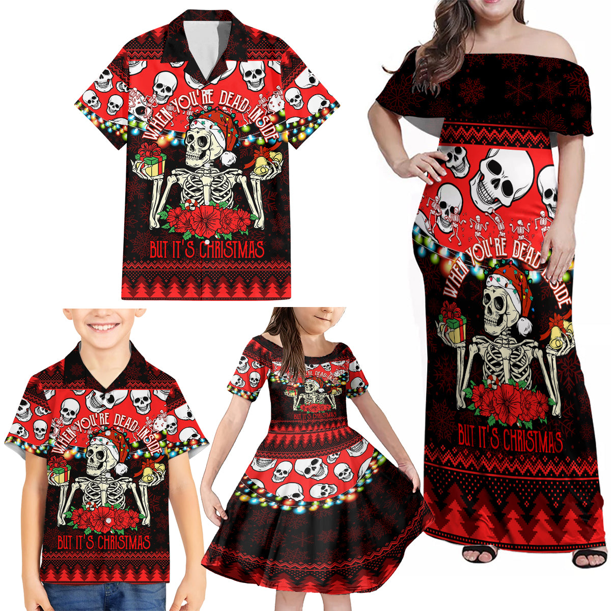Skull Christmas Family Matching Off Shoulder Maxi Dress and Hawaiian Shirt When You Are Dead Inside But It Is Christmas - Wonder Print Shop