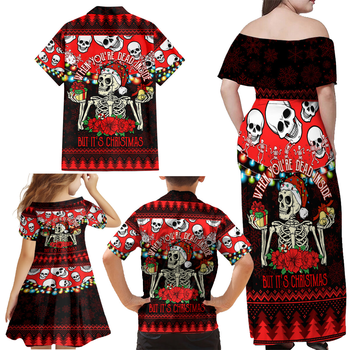 Skull Christmas Family Matching Off Shoulder Maxi Dress and Hawaiian Shirt When You Are Dead Inside But It Is Christmas - Wonder Print Shop