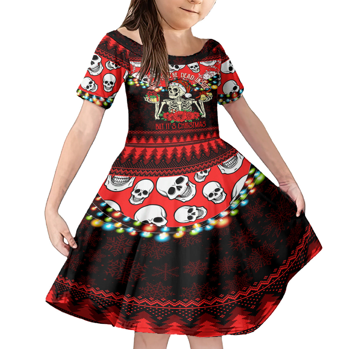 Skull Christmas Family Matching Off Shoulder Short Dress and Hawaiian Shirt When You Are Dead Inside But It Is Christmas - Wonder Print Shop