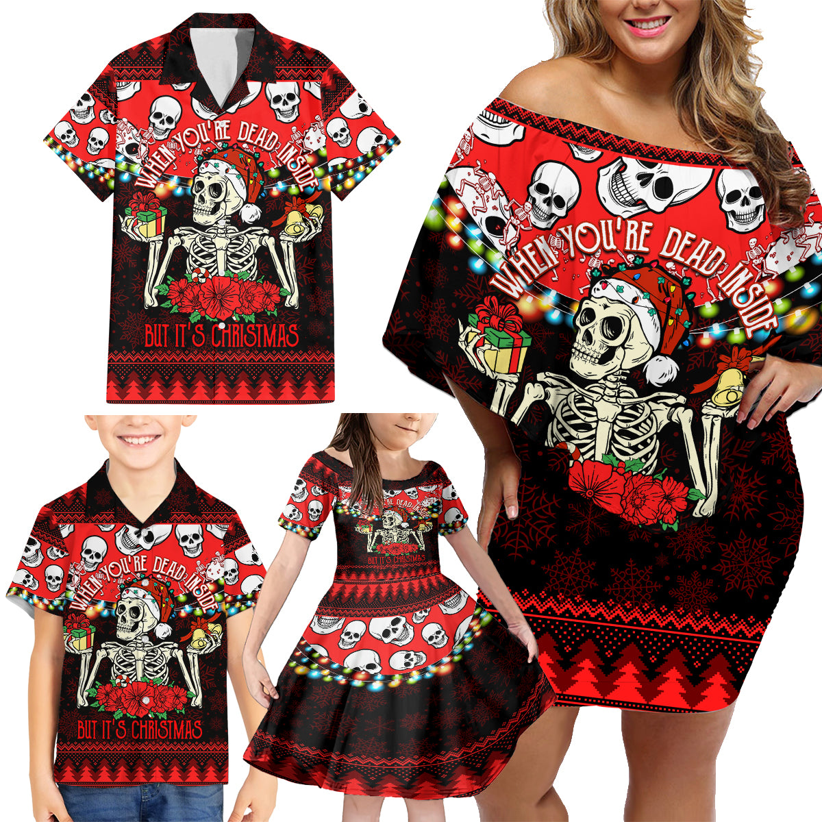 Skull Christmas Family Matching Off Shoulder Short Dress and Hawaiian Shirt When You Are Dead Inside But It Is Christmas - Wonder Print Shop