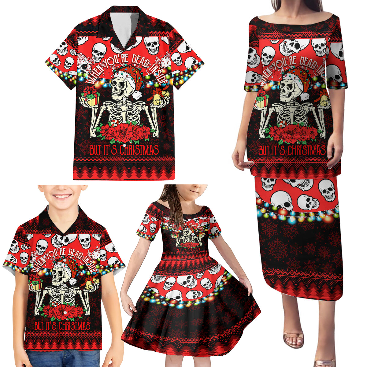 Skull Christmas Family Matching Puletasi Dress and Hawaiian Shirt When You Are Dead Inside But It Is Christmas - Wonder Print Shop