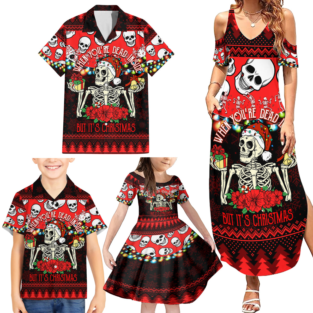 Skull Christmas Family Matching Summer Maxi Dress and Hawaiian Shirt When You Are Dead Inside But It Is Christmas - Wonder Print Shop