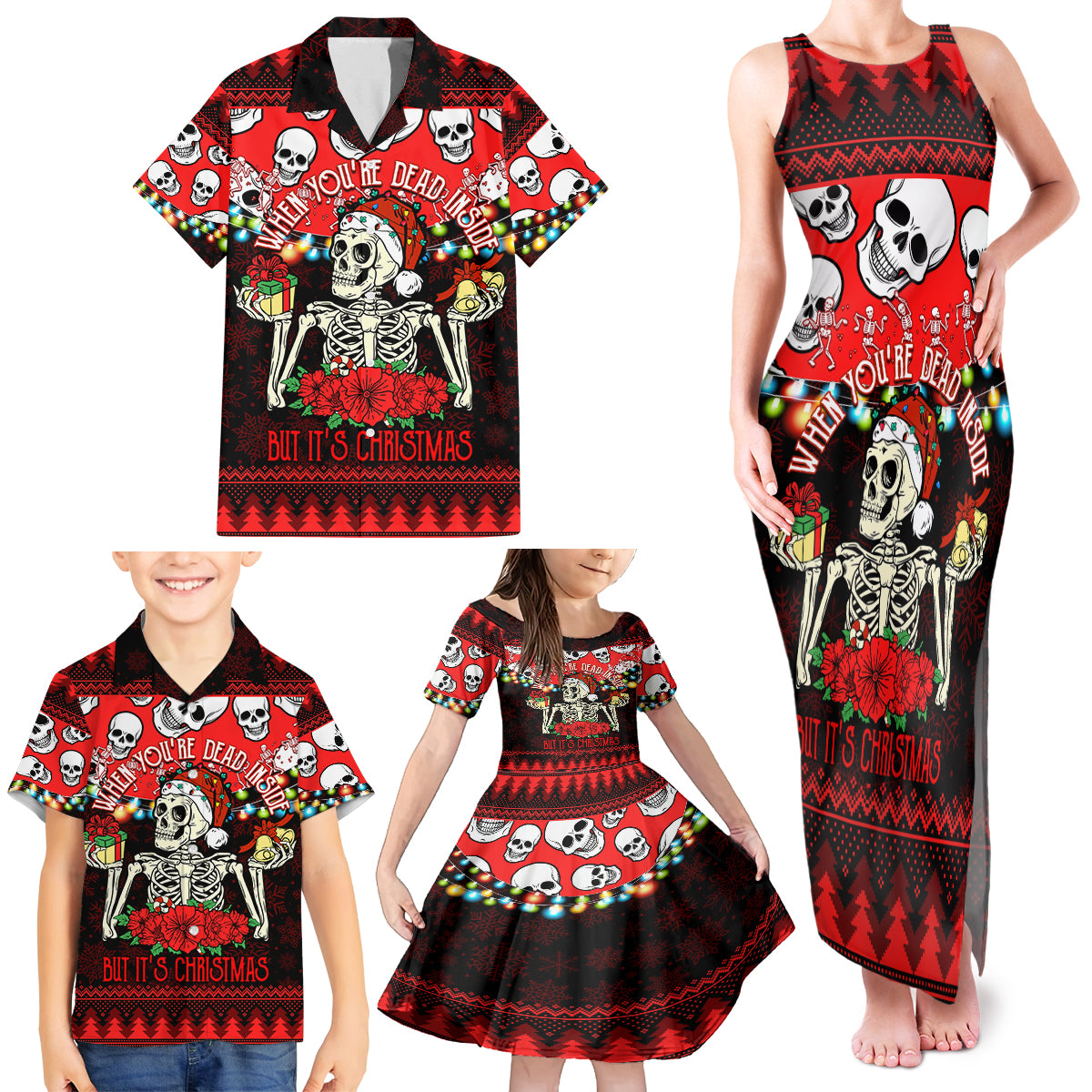 Skull Christmas Family Matching Tank Maxi Dress and Hawaiian Shirt When You Are Dead Inside But It Is Christmas - Wonder Print Shop