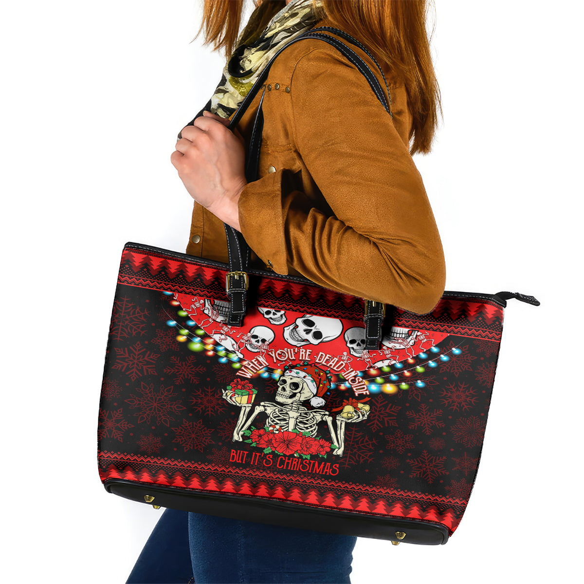 Skull Christmas Leather Tote Bag When You Are Dead Inside But It Is Christmas - Wonder Print Shop