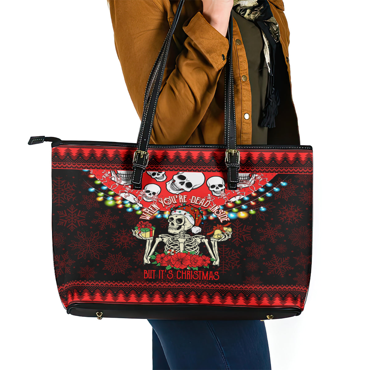 Skull Christmas Leather Tote Bag When You Are Dead Inside But It Is Christmas - Wonder Print Shop