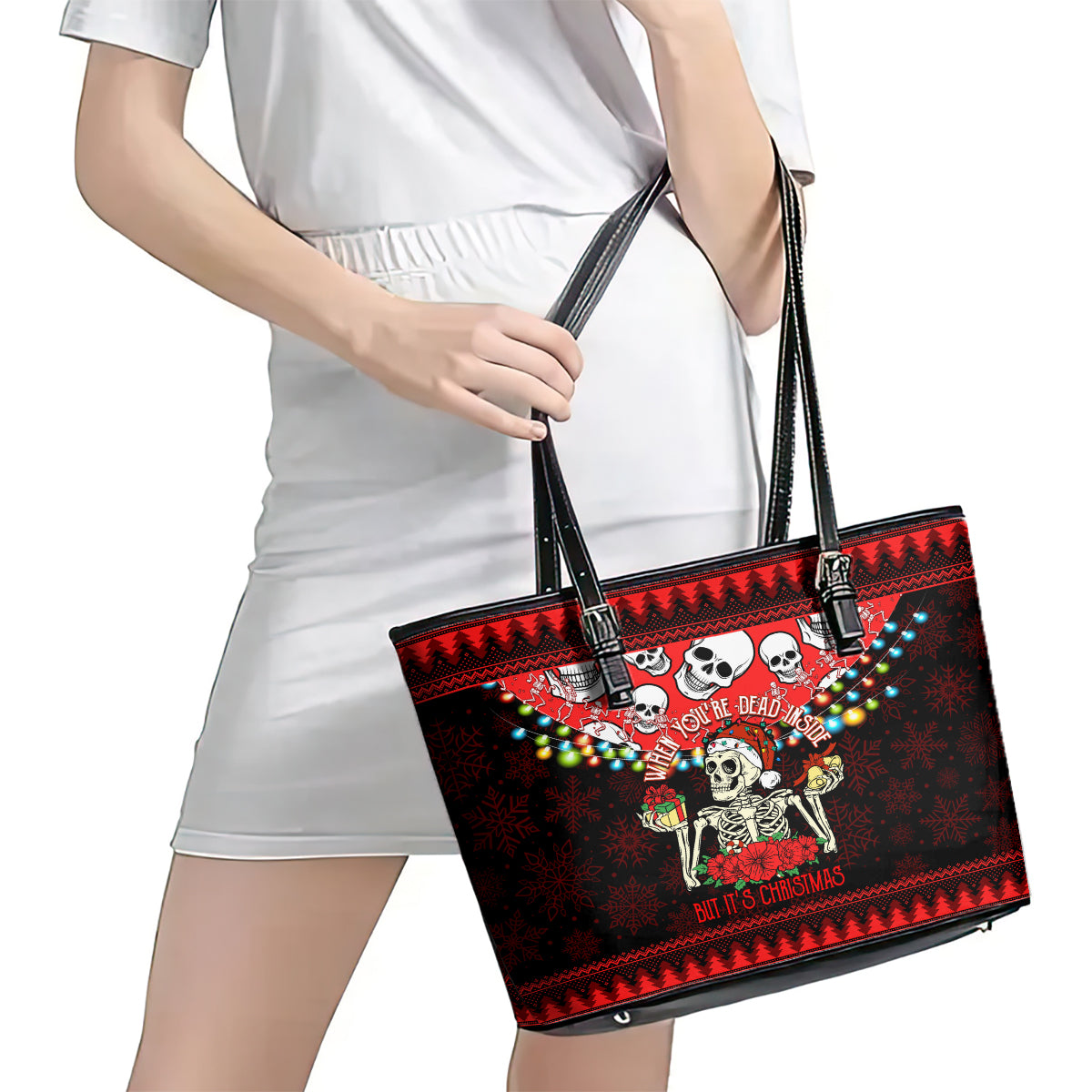 Skull Christmas Leather Tote Bag When You Are Dead Inside But It Is Christmas - Wonder Print Shop