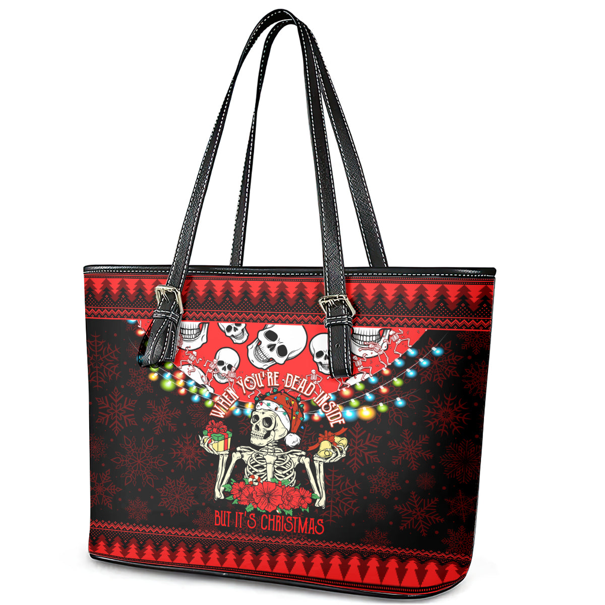 Skull Christmas Leather Tote Bag When You Are Dead Inside But It Is Christmas - Wonder Print Shop