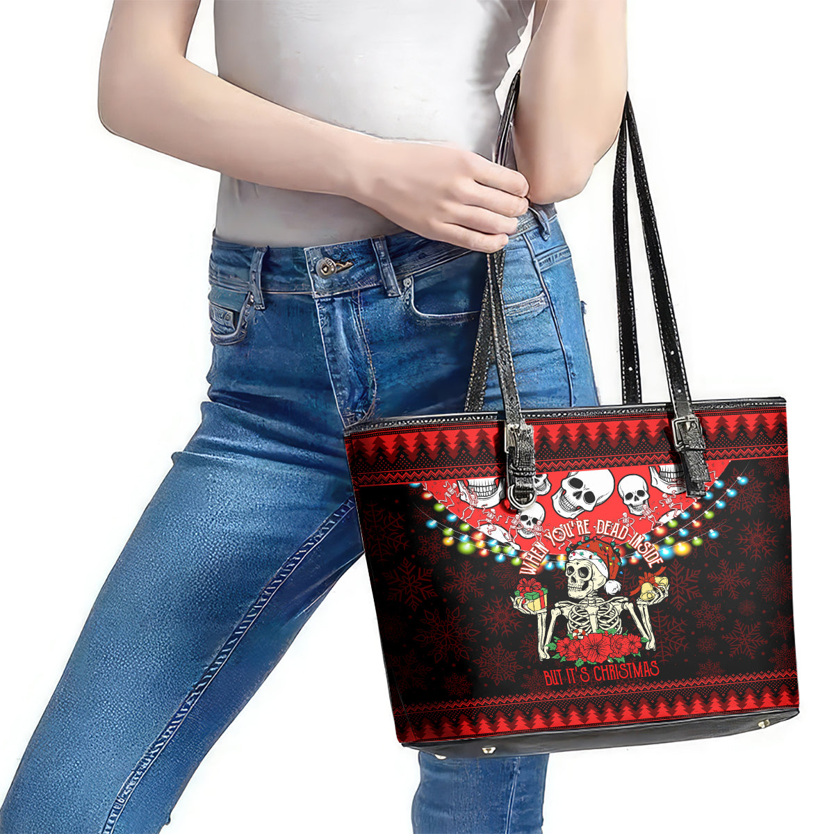 Skull Christmas Leather Tote Bag When You Are Dead Inside But It Is Christmas - Wonder Print Shop